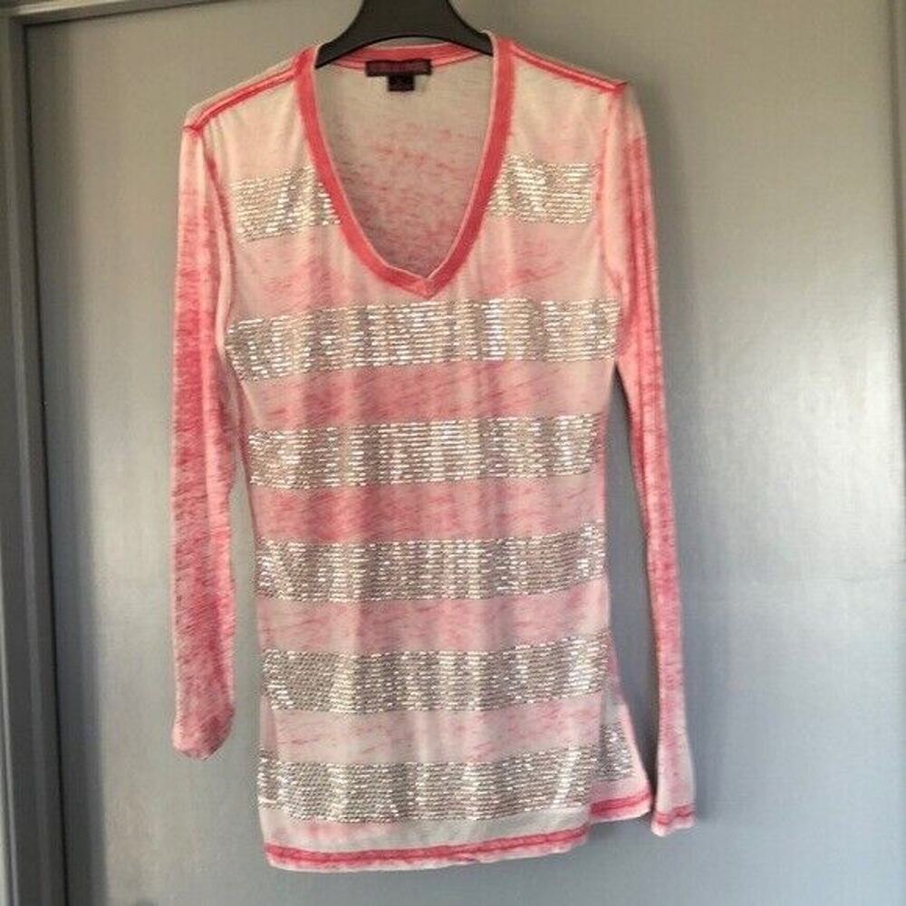 Rock & Roll Cowgirl Pink Striped Western Bling Long Sleeve Tee Women’s Sz Large